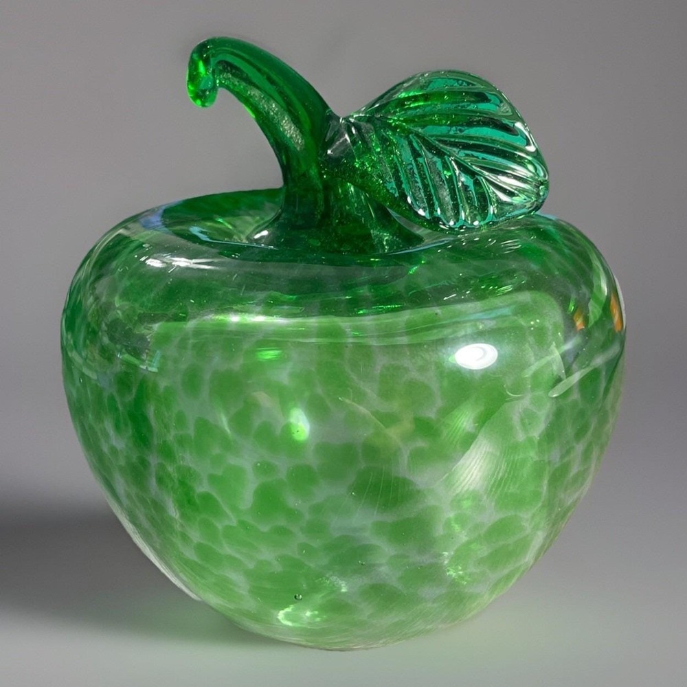 Art Glass Apple Modeled Paperweight Green Hand Blown Applied Green Stem 4" Tall